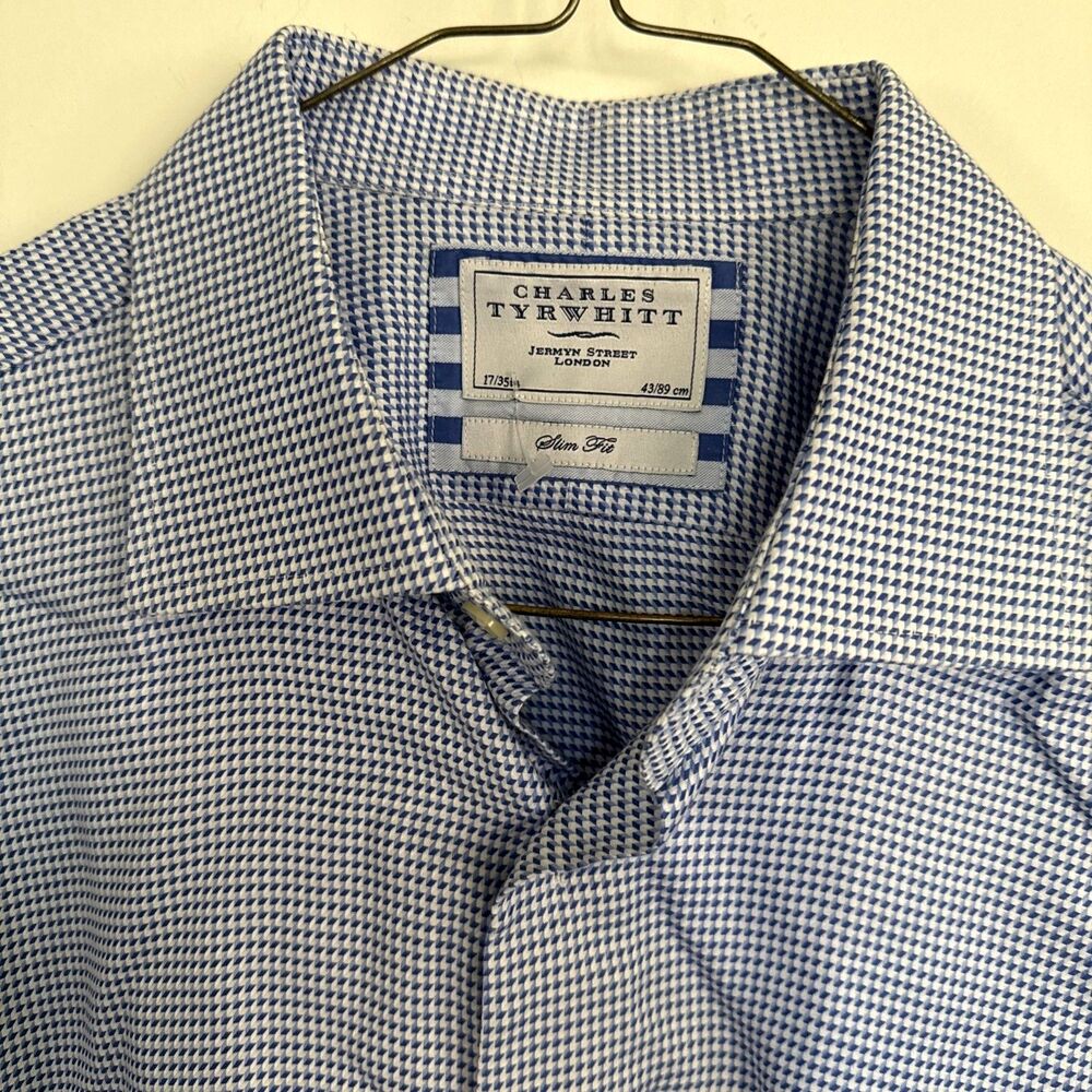 Charles Tyrwhitt Slim Fit Shirt Mens 17 35 Blue White Plaid London 100% Cotton